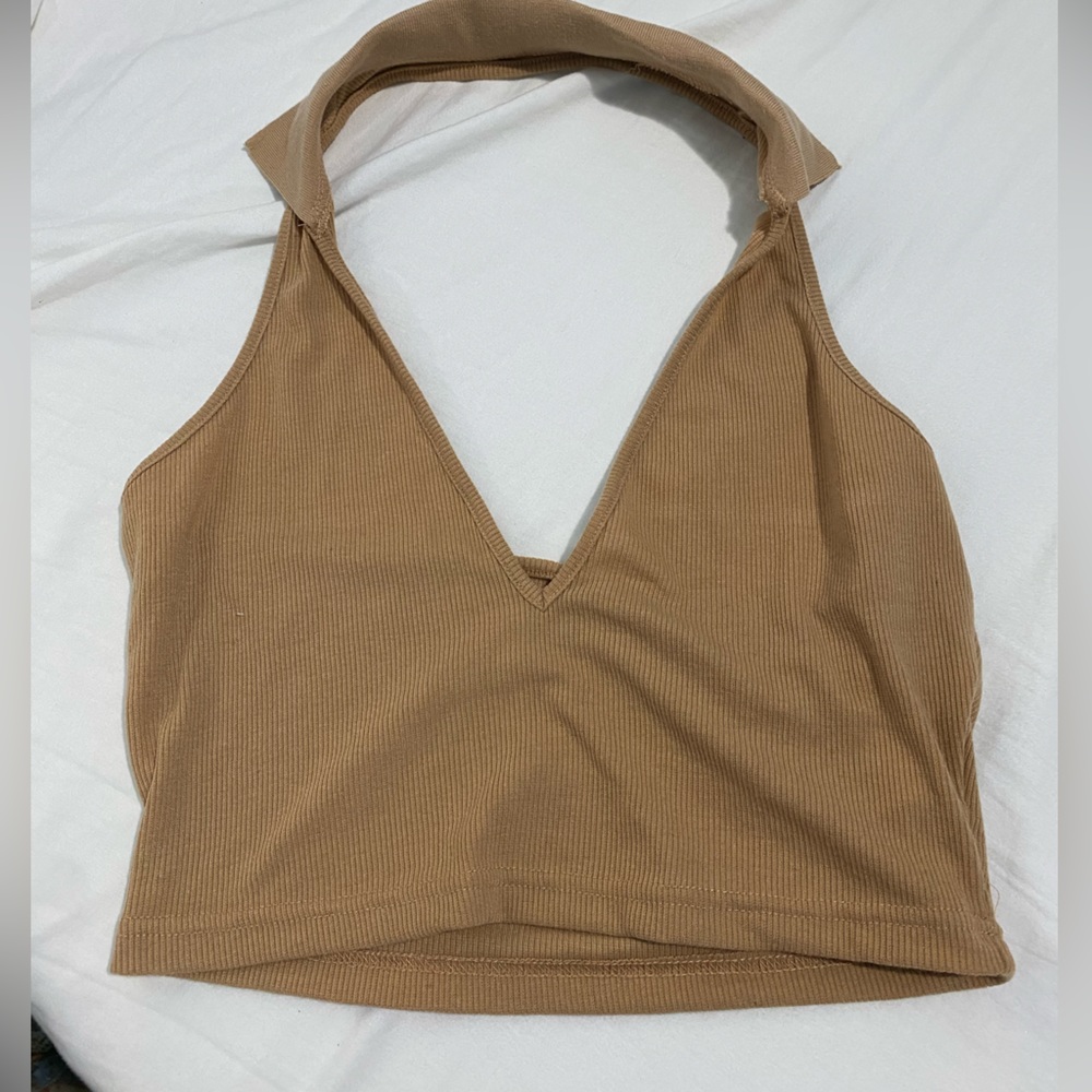 Brown cropped halter tank top with collar